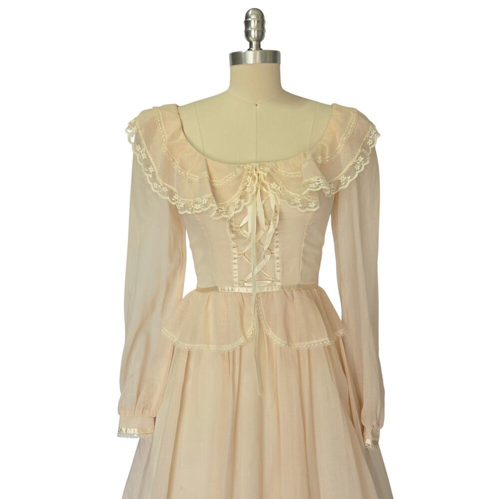 Gunne Sax Peplum Midi Dress Size S 7 9 Pink Corset Vintage 70s Prairie Bridal - Picture 3 of 14